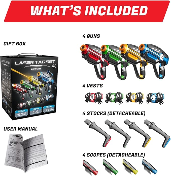 Laser Tag Set for Kids, Teens & Adults - 4 Blasters + 4 Vest Sensors with 4 Multi-Game Modes - Fun Ideas Age 8+ Year Old Toys - Includes Accessories - Boys & Girls Outdoor Teenage Group Activities