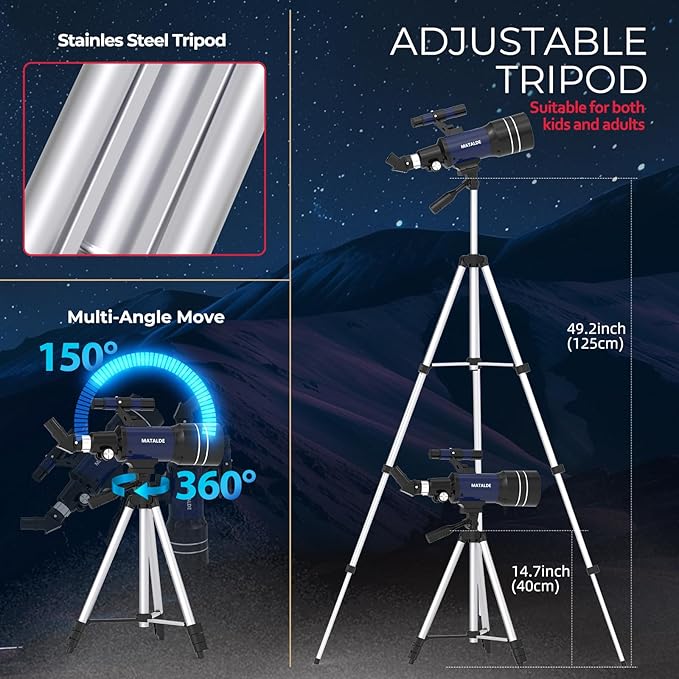 Telescope for Beginners & Kids, 70mm Aperture Refractor Astronomy Telescope with 300mm Focal Length, 15X-150X Magnification, Includes Full Accessory Kit & Tripod, Phone Adapter, Wireless Remote