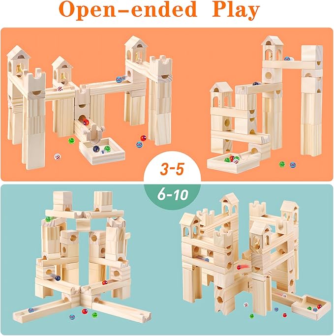 Wooden Marble Run for Kids Ages 4-8, 60 Pieces Wood Building Blocks Toys and Construction Play Set, Marble Track Maze Game STEM Learning Toys Gifts for Boys Girls