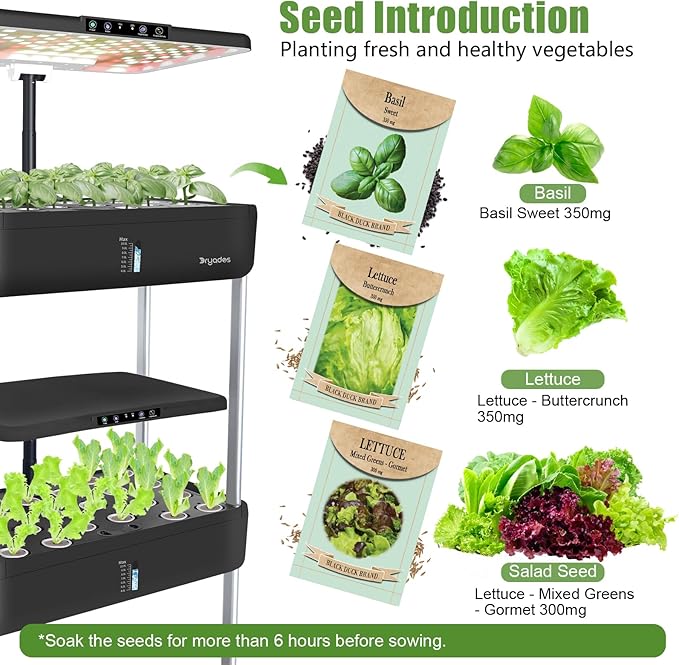44-Pod Indoor Hydroponic Growing System + 3 Free Seeds Starter Kit (Lettuce, Salad Mixed, Basil Seeds) – Dual 53W Full-Spectrum LED, 10-L Water Tank, 2-Tier Grow Pods (66 Pods)