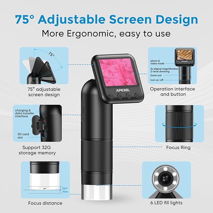 APEXEL 800X Handheld Digital Microscope with 2” LCD Screen, Pocket Portable Microscope for Kids with Adjustable LED Lights, Coins Microscopes Magnifier Camera, USB to PC Including 32G SD Card