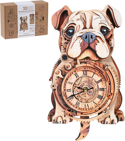 3D Wooden Puzzles for Adults, 3D Puzzles Bulldog Clock(with Pendulum) 32Pcs, Beginners Wooden Puzzle for Adults Home Wall Decor Clock Crafts for Adult Puzzle Gift for Women Men