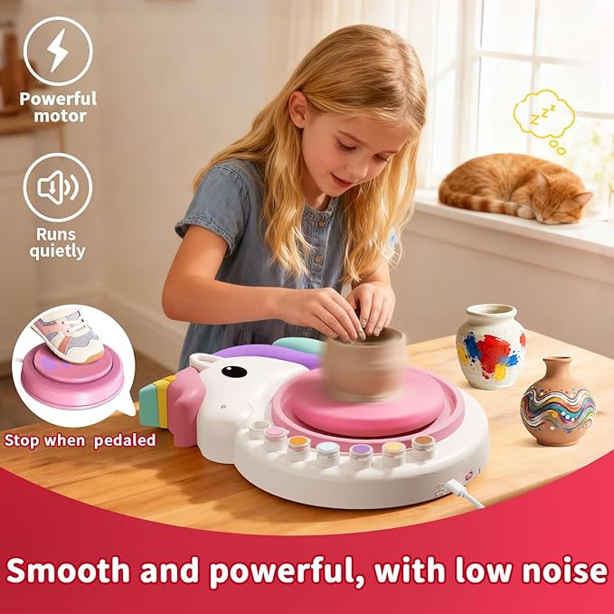 Unicorn Pottery Wheel for Kids – Arts & Crafts Kit for Kids Ages 6-12, Complete Pottery Art Supplies for Kid 9-12 with Air Dry Clay (6 Packs), Birthday, Christmas Gift for Kid Ages 6 7 8 9 10 11 12+