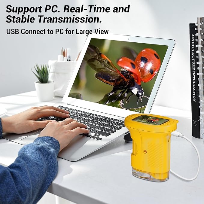 Pocket Kids Microscope, 1000X Handheld Microscope for Kids w/2.4'' Screen, Photo Video Mini Portable Microscopes Science Edu Digiscope, Christmas Birthday Gifts Ideas for Kids Ages 3-12(Orange)