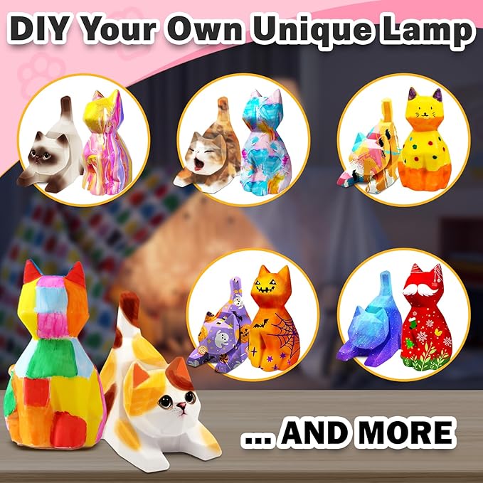 FUNZBO 2pcs Paint Your Own Cat Lamp Kit - Arts and Crafts Supplies Kitten Painting Kits for Kid Teen, DIY Night Light Toy for Toddlers Girl Boy Age 3 4 5 6 7 8 9 10 11 12 13 + Christmas Birthday Gifts