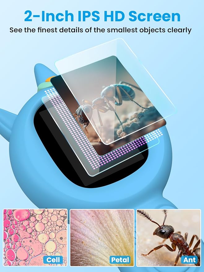 Microscope for Kids, Auto-Focus Handheld Digital Microscopes with 2.0" Screen, 8 LEDs Rechargeable Pocket Mini Microscope Christmas Gifts Educational Science Toys for Ages 5 6 7 8 9 10 11 12