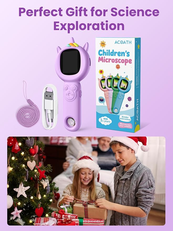 Microscope for Kids, Auto-Focus Handheld Digital Microscopes with 2.0" Screen, 8 LEDs Rechargeable Pocket Mini Microscope Christmas Gifts Educational Science Toys for Ages 5 6 7 8 9 10 11 12