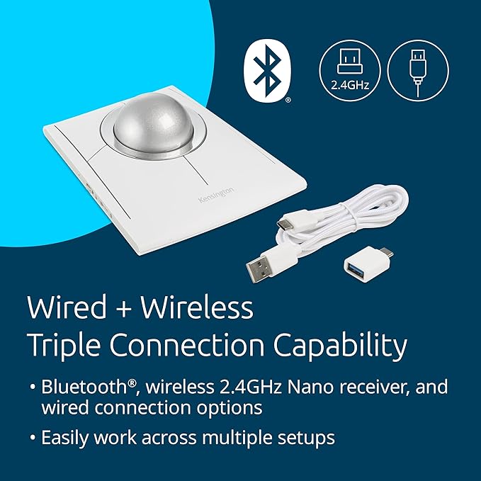 Kensington SlimBlade Pro EQ Wireless Trackball, Bluetooth, 2.4GHz Connection, Rechargeable, Programmable Buttons, White/Silver Ball