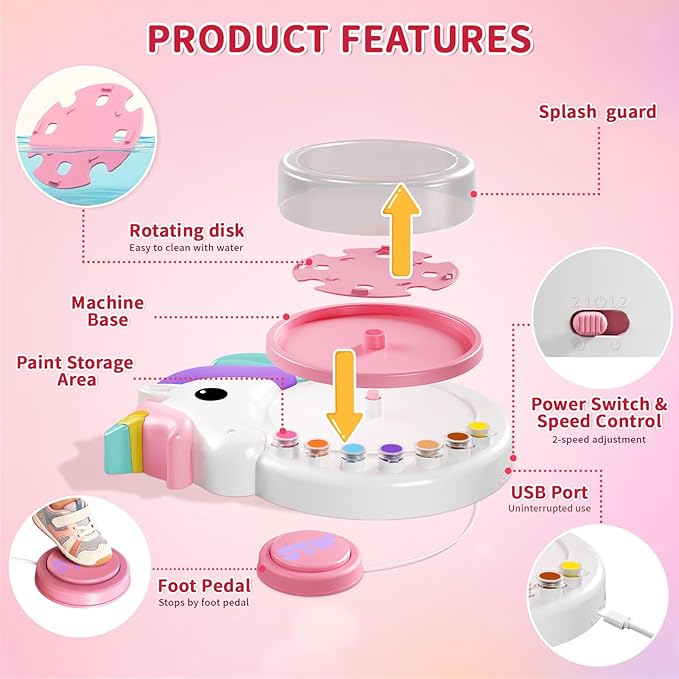 Oeasic Unicorn Spin Art Machine for Kids, Dual Rotation Painting Spinner Arts and Crafts with 60 Design Cards, Art Supplies for Kid Set, Birthday & Christmas Gift for Girls Ages 4 5 6 7 8 9 10 11 12