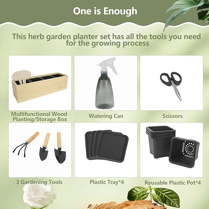 Herb Garden Planter Indoor Kit,Indoor Garden kit Come with Wooden Box &17 Planting Tools,Indoor & Outdoor Herb Planter for Kitchen Windowsill,Herb Plant Pot for Gardener,DIY Indoor Grow Kit Gifts