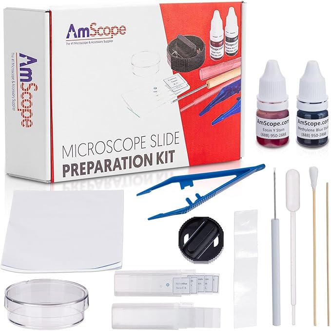 AmScope - 40X-1000X Compound Monocular Student Microscope Set + Slide Preparation Kit + Science Experiment Cards - M150C-SP14-EXCL1
