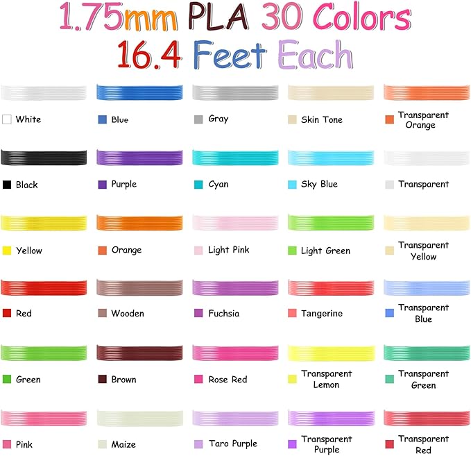 30 Colors 3D Pen Filament Refills 1.75mm PLA Threads Each Color 16.4 Feet Total 492 Feet with 2 Finger Caps Compatible with SCRIB3D and Compatible with MYNT3D 3D Pencil (3D Pen Not Included)