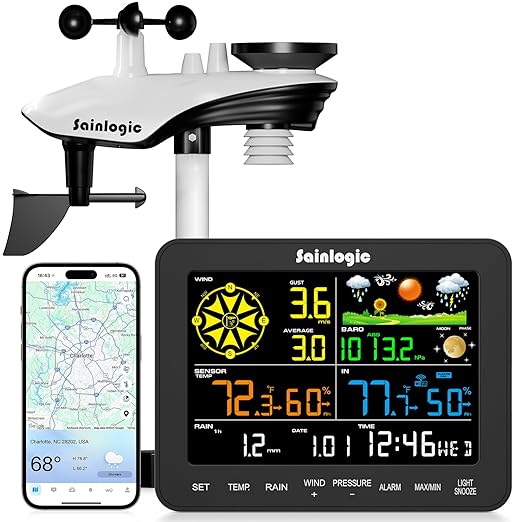 Sainlogic Smart WiFi Weather Stations Wireless Indoor Outdoor SA6 Plus,24/7 AI Weather Forecast by Weatherseed®,APP Alert,Weather Station with Rain Gauge and Wind Speed,2-Year Data Storage（Only 2.4G）