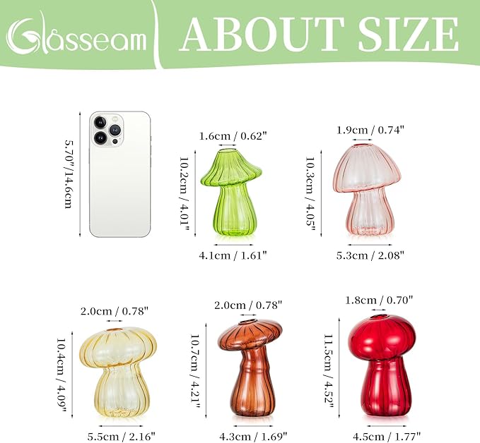 Glasseam Mushroom Plant Propagation Stations: Cute Glass Terrarium Jar Propagation Vase Set of 10 Hydroponic Planters for Home Room - Unique Colorful Mushroom Decor Gifts for Plant Lovers