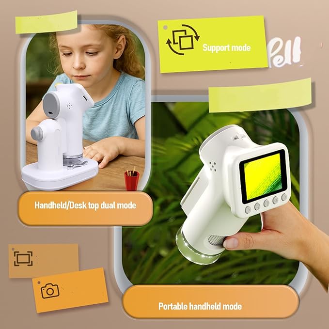 Kids Microscope Kit, 1600X Pocket Digital Handheld Microscope with 2in Screen, Portable Science Toy for Students Ages 6-12