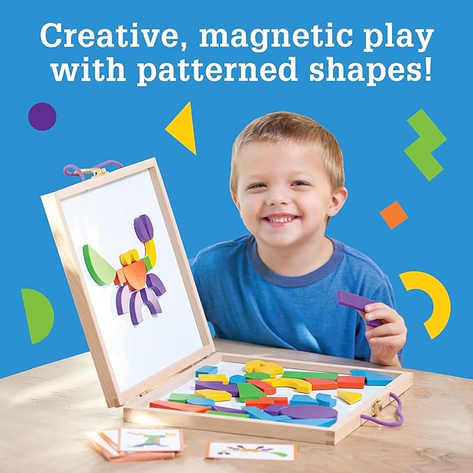 MindWare Imagination Magnets Wooden Pattern Blocks Set - Imaginative Play with magentic Shapes in a Carrying case - 42 Magnetic Solid Wooden Blocks, 50 Full-Color Laminated Puzzles
