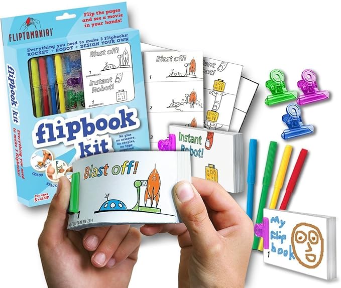 Fliptomania Bundle of 3 Flipbook Kits for Kids - Rocket & Robot, Frog and Butterfly, Dinosaurs - Save 15%