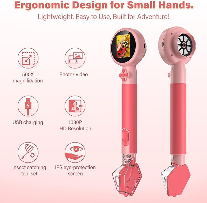 Microscope for Kids with Bug Catcher, 1080P HD Digital Handheld Portable Kids Microscope, 2 in 1 STEM Science Educational Learning Kit Christmas Birthday Gifts Toys for 3-15 Boys & Girls (Pink)