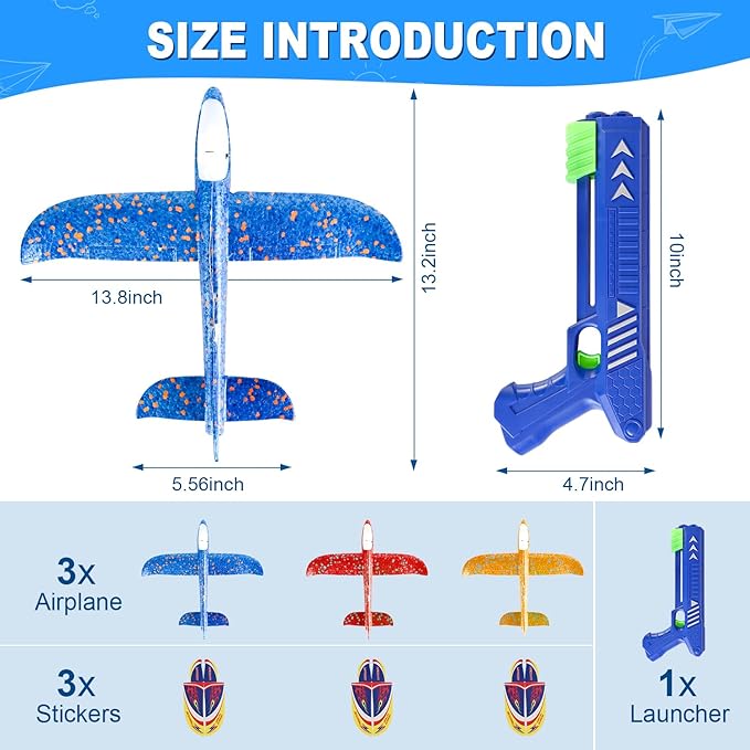 Airplane Launcher Toys,3 Pack 13.2'' LED Foam Glider Catapult Plane Toy for Boys,2 Flight Modes Outdoor Flying Toys Birthday Gifts for Boys Girls 3 4 5 6 7 8 9 10 11 12 Year Old