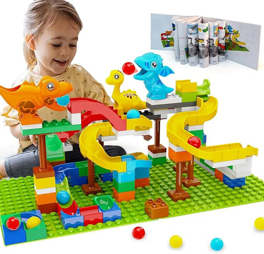 Dinosaur Marble Run Building Blocks STEM Toys for Kids Ages 3-8 | 127 Pcs Construction Set with 3 Dinos & Ball Run Track, 4 in 1 Modular Design Learning Toys for Boys Girls, Christmas Birthday Gift