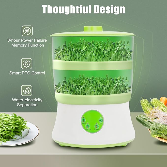 Bean Sprouts Machine & Automatic Sprouts Growing Kit, 2-Layer 110V Smart Sprouter with 360°Sprinkler and 3 Seasonal Modes, Indoor Bean Sprout Maker for Soybean, Mung Bean, Radish, and Wheatgrass