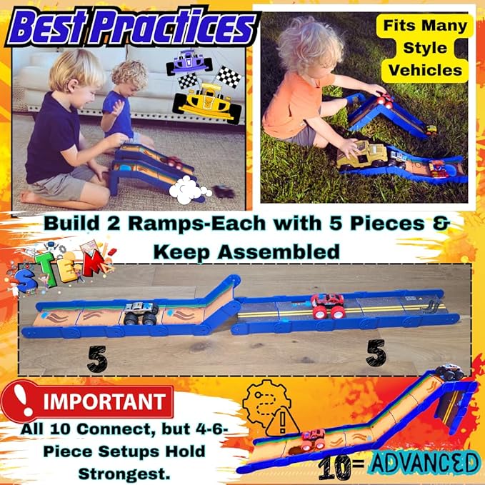 STEM Ramp Builder Set by Redi-Rampz–10 Modular Track Pieces with Adjustable Angles + 2 Monster Trucks | Build Custom Ramps, Bridges & Jumps (Ages 3+, No Batteries, Fits 1:64 Vehicles)
