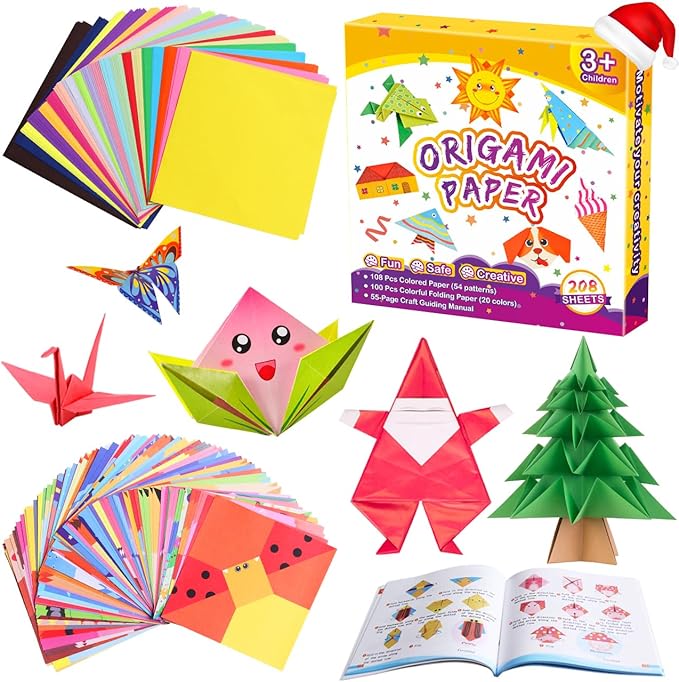 Pigipigi Kids Craft Origami Paper Kit for Kids Ages 5-8 8-12, with Guiding Book, 208 Sheets DIY Art and Crafts Supplies, Colorful Folding Papers Set Projects Gifts Activity for Boy Girl Toys(Cartoon)