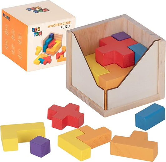 Zen Fun Wooden Brain Teaser Puzzle Cube - Montessori Toy Colorful Cube Puzzle for Kids Ages 5-7 and Easy Mind Puzzle for Adults - 20 Pieces