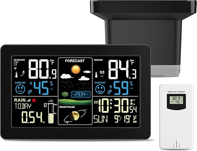 Weather Station with Rain Gauge Outdoor, Home Weather Stations Wireless Indoor Outdoor with Digital Rain Gauges, Thermometer, Barometer, Hygrometer, Atomic Clock, Weather Forecast and Alerts