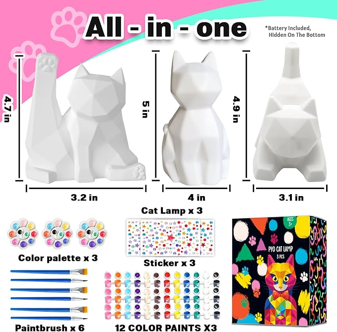 FUNZBO 3pcs Paint Your Own Cat Lamp Kit - Arts and Crafts Supplies Kitten Painting Kits for Kid Teen, DIY Night Light Toy for Toddlers Girl Boy Age 3 4 5 6 7 8 9 10 11 12 13 Christmas Birthday Gifts