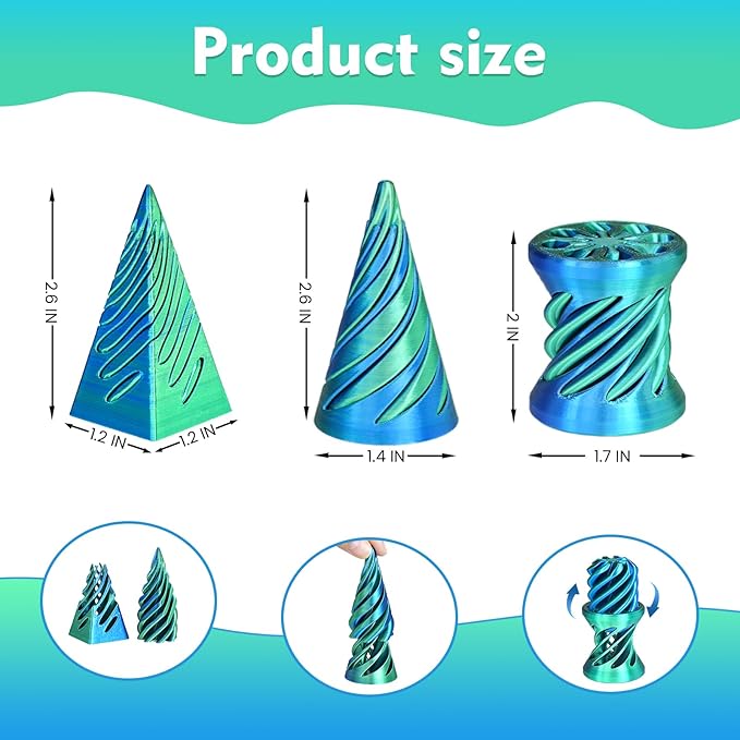 3PCS Impossible Cone,3D Printed Spiral Cone Fidget Toys,Impossible Pyramid Passthrough Sculpture,Stress Relieving Toys for Adults and Kids,Stocking Filler White Elephant Gifts(Blue Green)