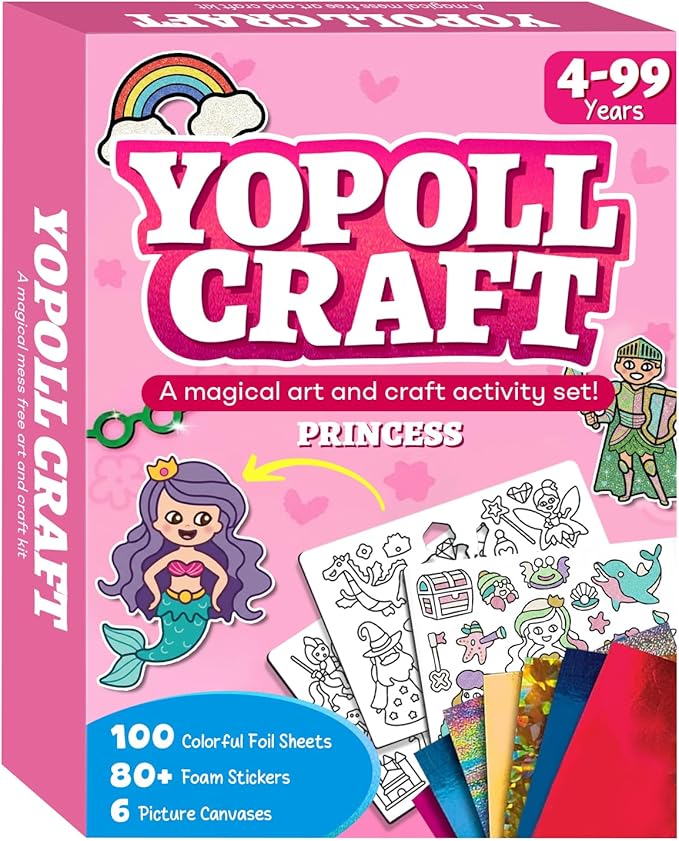 Foil Art Craft Kits for Kids, Mess-Free DIY Creative Activity Set, Fun Arts and Crafts Toys for Boys & Girls, Peel & Press Foil Art Kit for Kids, Travel Toy and Birthday Gift (Princess)