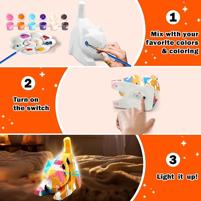 FUNZBO 4.3in Paint Your Own Cat Lamp Kit - Arts and Crafts Supplies Painting Set for Kids Teens, DIY Night Light Toy for Toddlers Girls Boys Age 3 4 5 6 7 8 9 10 11 12 13 + Christmas Birthday Gifts