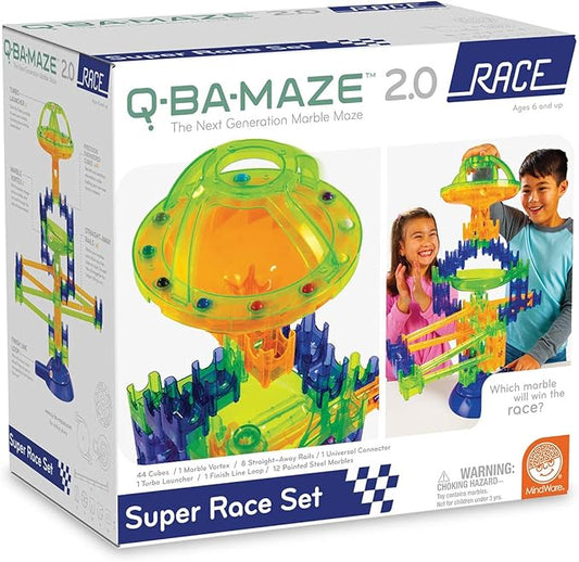 MindWare Q-Ba-Maze Rally Racing - Kit Includes Includes 44 Cubes, 1 Marble Vortex, 8 Straight-Away Rails, Turbo Launcher, Marbles and More - Ages 6 and Up