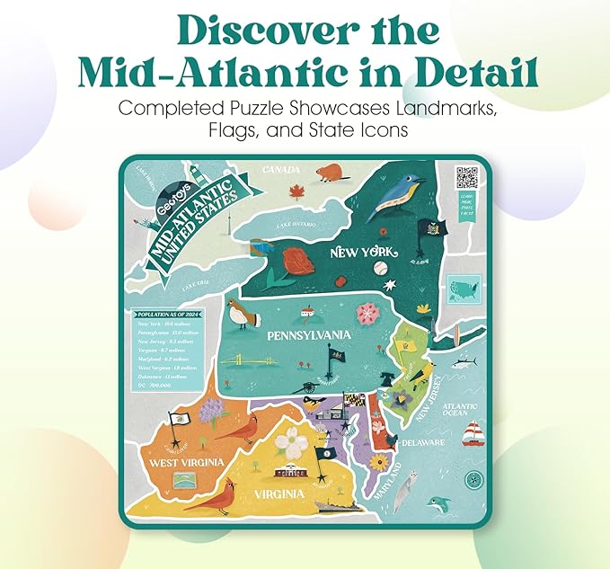 Geotoys Mid-Atlantic Region Jigsaw Puzzle - 250 Piece Puzzles for 8 Year Olds - Jigsaw Puzzles for Kids Ages 8-12 Years Old - Kids Puzzle Games with Colorful Landmarks