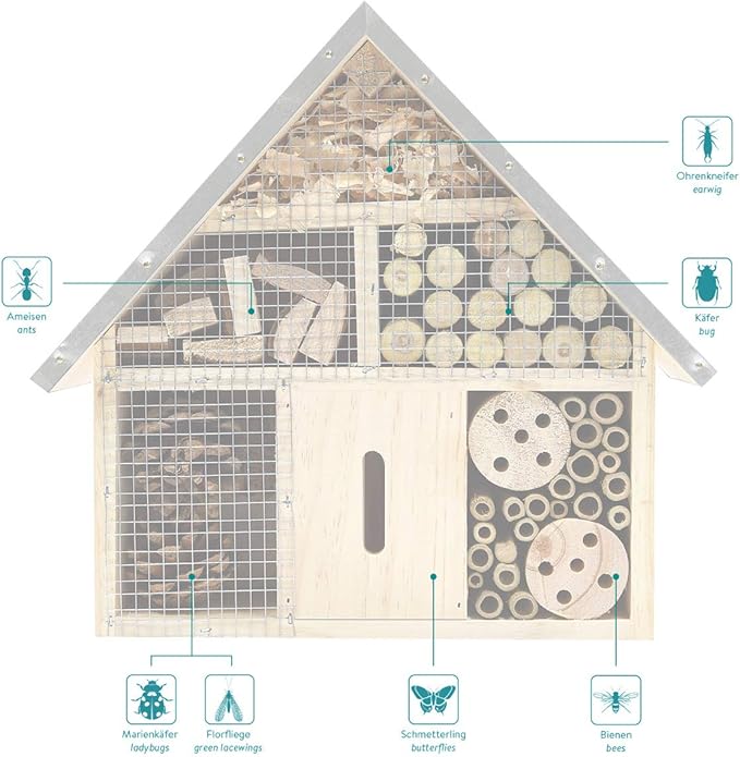 Navaris M Wooden Insect Hotel - 10 x 11 x 3 Inches - Natural Wood Insect Home Bamboo Nesting Habitat - Garden Shelter for Bees, Butterflies, Ladybugs