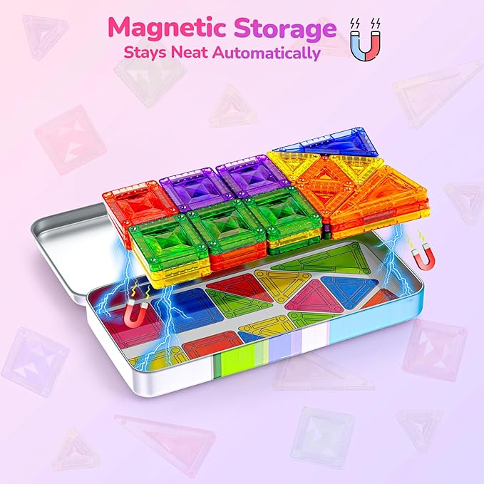 Sparkling Diamond Mini Magnetic Tiles, 40PCS Travel Magnetic Tiles with Metal Case, Portable On-The-Go Magnet Tiles, STEM Educational Construction Set Travel Toys for Kids, Boys and Girls Ages 3+