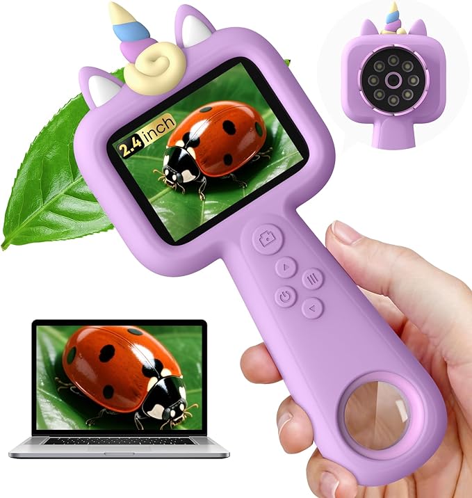 Kids Microscope - 2.4" IPS Screen, 600X-4800X Digital Magnification, LED Light, Purple Unicorn Silicone Cover, Educational Science Toy
