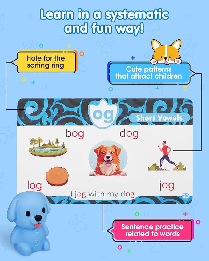 Phonics Talking Flash Cards with Reader Dog, Learn to Read with 148 Pages, 148 Sentences, 592 Words & 90 Stickers, Toddler Education Learning Toys for Kids Ages 3-8 Kindergarten 1st 2nd Grade