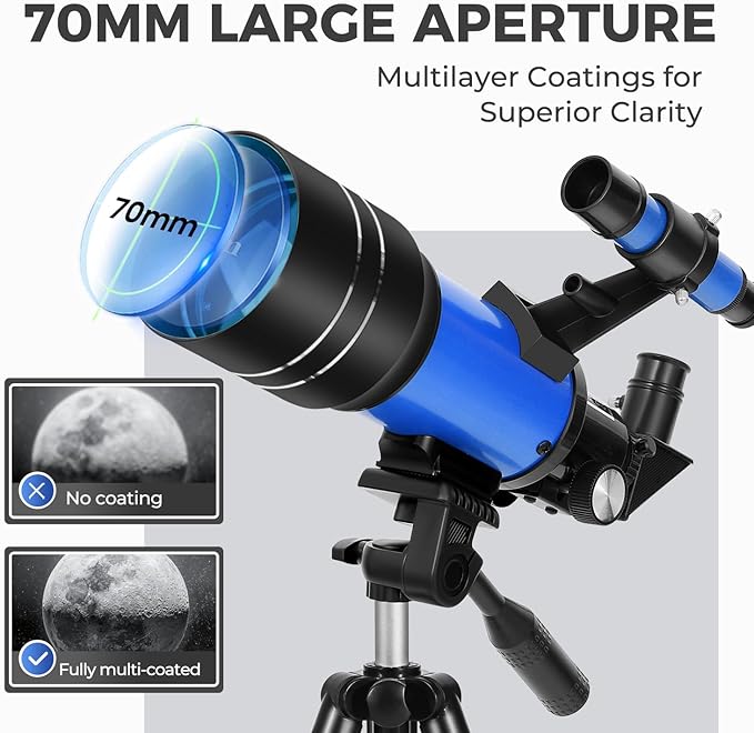 ESAKO Telescope for Kids & Beginners, 70mm Aperture Portable Telescopes with 3 Eyepieces, Height Adjustable Tripod & Phone Adapter & Remote Control Gift for Christmas