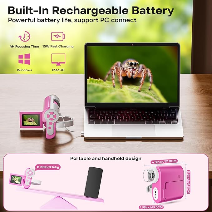 LAKWAR 1000X Handheld Digital Microscope for Kids: 4K 2.0" Screen Portable Digital Microscope for Kids 8-12 Home School Science Education (Pink)