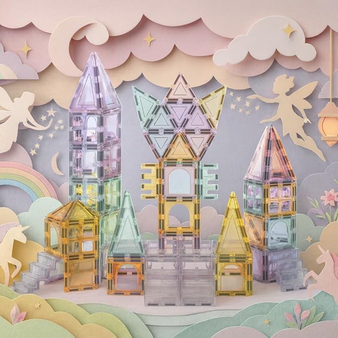 Magnetic Building Tiles; 108 Piece Palatial Set for Boys, Girls and Kids; Pastel Magnetic Building Tiles; Activity; Building Blocks; Toddler Toys; STEM; Children Ages 3 Years +