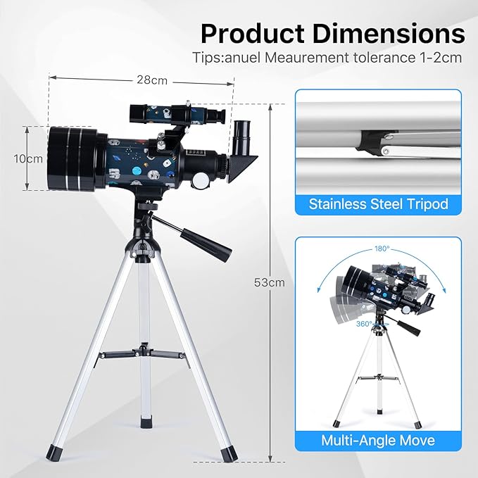 Telescope for Adults Astronomy, 70mm Aperture 300mm Focal Length Portable Astronomical Telescope for Beginners Age Over 8 Years Old with Wireless Remote Carry Bag Tripod, Space