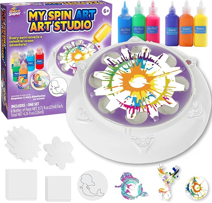 Make It Super Spin Art Machine Kit for Kids, Toy with Origami Artwork, Thicker Splatter Guard, Gift Boys Girls