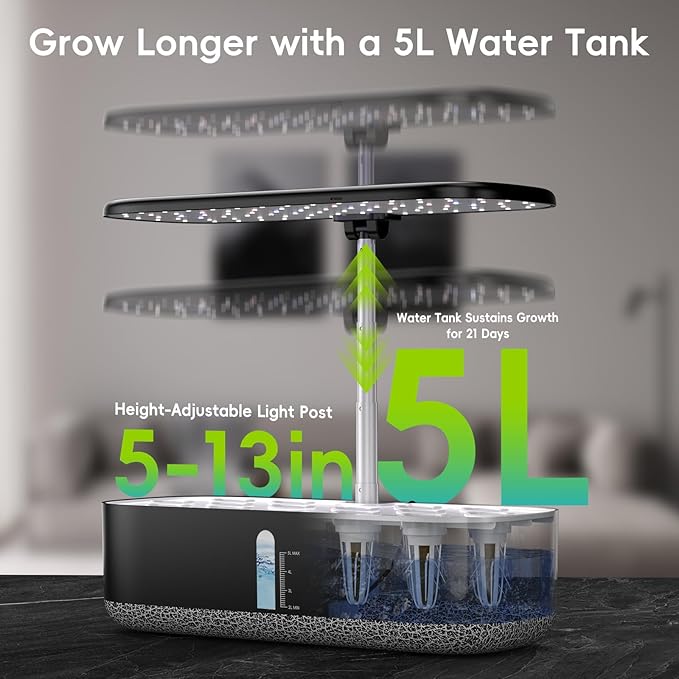Hydroponics Growing System with LED Grow Light, 14 Pods Indoor Herb Garden Full Spectrum Rotatable Light Panel, Auto On Off Timing 12 14 16Hrs, 5L Water Tank, Harvest Fresh Veggie Lettuce Basil Tomato