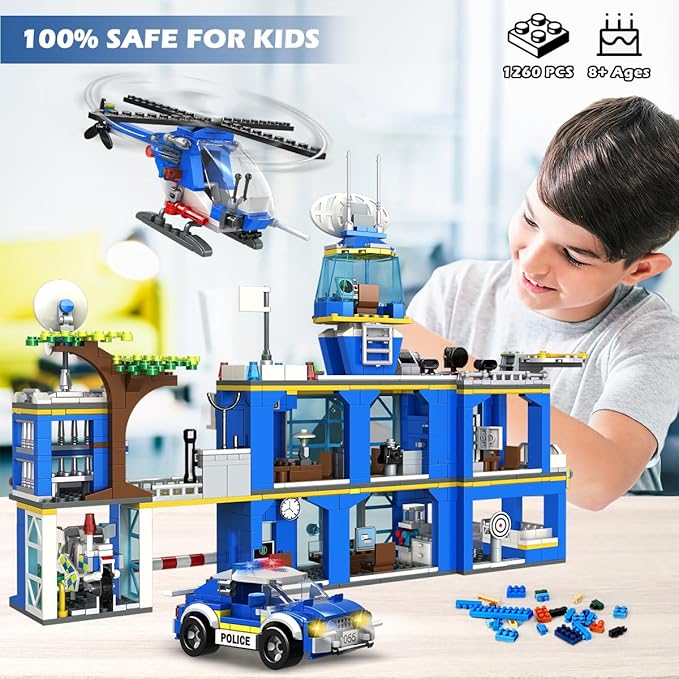 HOGOKIDS City Police Station Building Set - 1260 PCS Police Building Block Toys with Helicopter Motorcycle Police Vehicle Bandit Car, STEM Police Construction Toy for Kids Boys Girls Ages 8-12+ Years