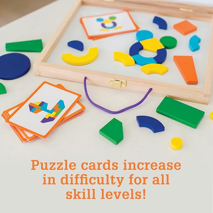 MindWare Imagination Magnets Wooden Pattern Blocks Set - Imaginative Play with magentic Shapes in a Carrying case - 42 Magnetic Solid Wooden Blocks, 50 Full-Color Laminated Puzzles
