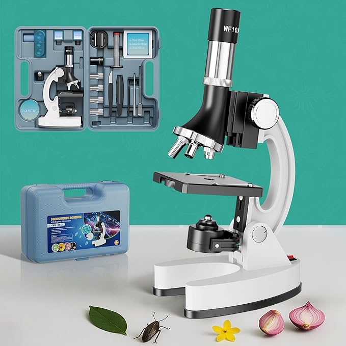 USCAMEL Kids Microscope Science Kit - 1200X Microscope for Kids 8-12 with Prepared Slides Metal Body LED Light Carrying Box Educational Compound Toy Set for Children Ages 5 Year Old Boys & Girls Gift
