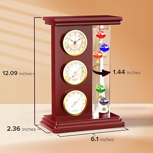 JJ Care Galileo Thermometer with Quartz Clock (Gold), Analog Barometer & Hygrometer, Galileo Weather Station Measures Temperature, Glass Wood Frame Galileo Thermometer for Indoor & Outdoor Home Décor