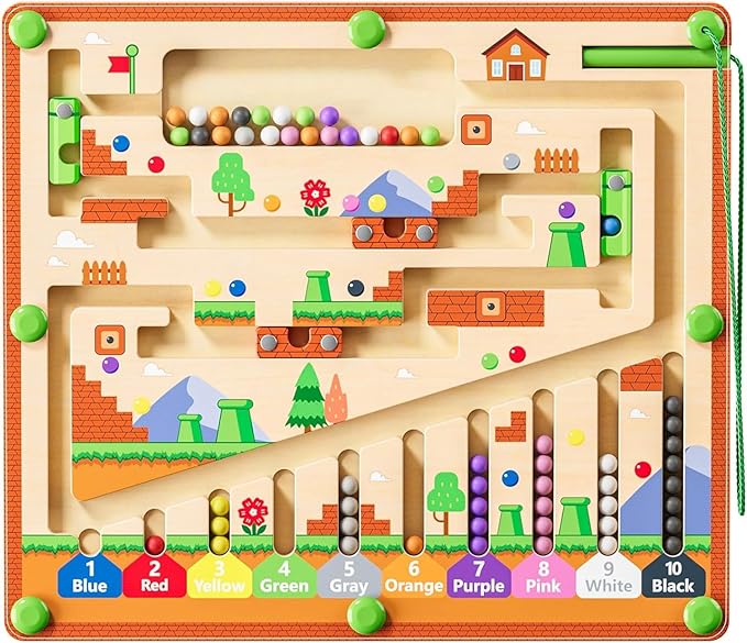 Magnetic Color and Number Maze for Montessori Toys,Wooden Matching Learning Counting Board for Toddler Ages 2-4,Toddler Fine Motor Skills Toys for Boys Girls